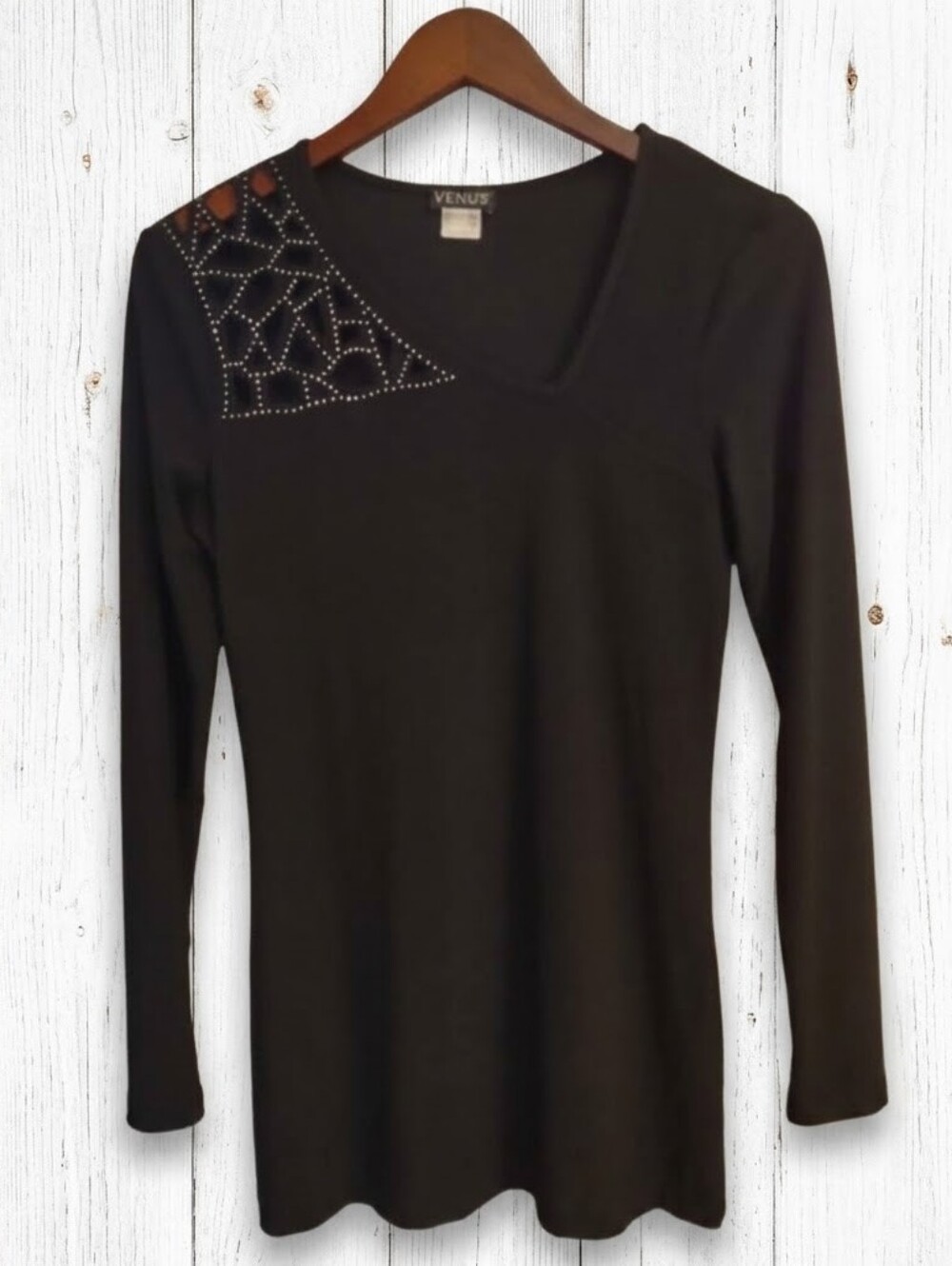 VENUS Black Stretch Knit Long Sleeve Top with Geometric Studded Cutout Detail